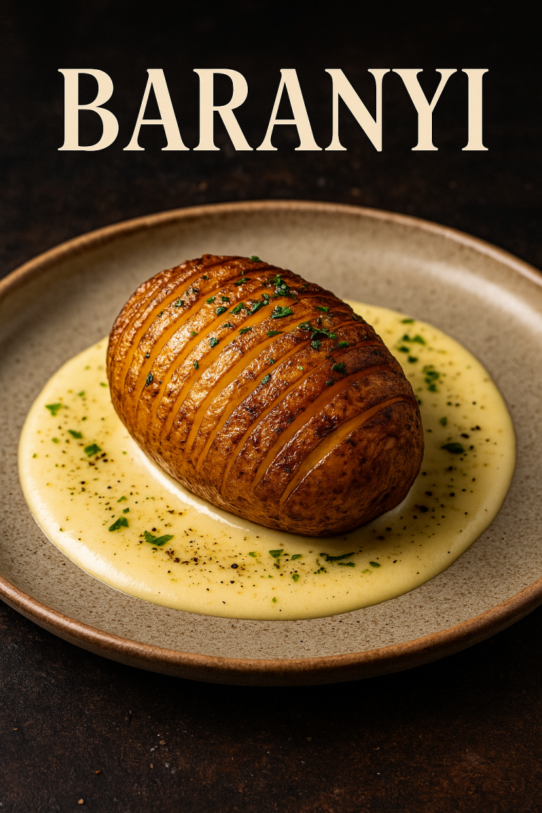 Baranyi de Batata com Creme de Alho Defumado e Crocante de Parmesão