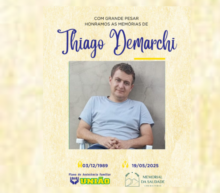 FUNERÁRIA UNIÃO informa - FALECIMENTO nesta segunda-feira 19/05 o Sr THIAGO DEMARCHI com 35 anos de idade