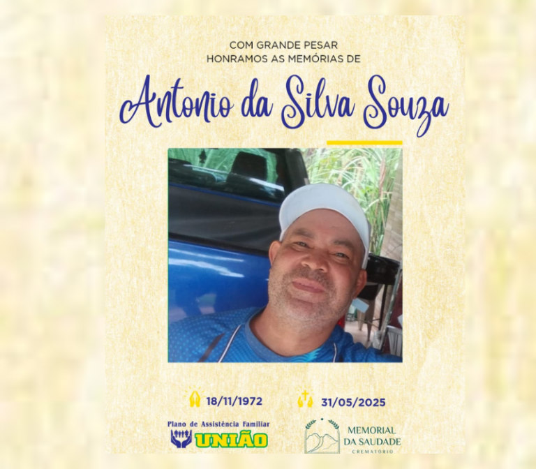 PLANO União informa - FALECIMENTO neste sábado 31/05 o Sr. ANTONIO DA SILVA SOUZA com 52 anos de idade, mais conhecido como PREGO