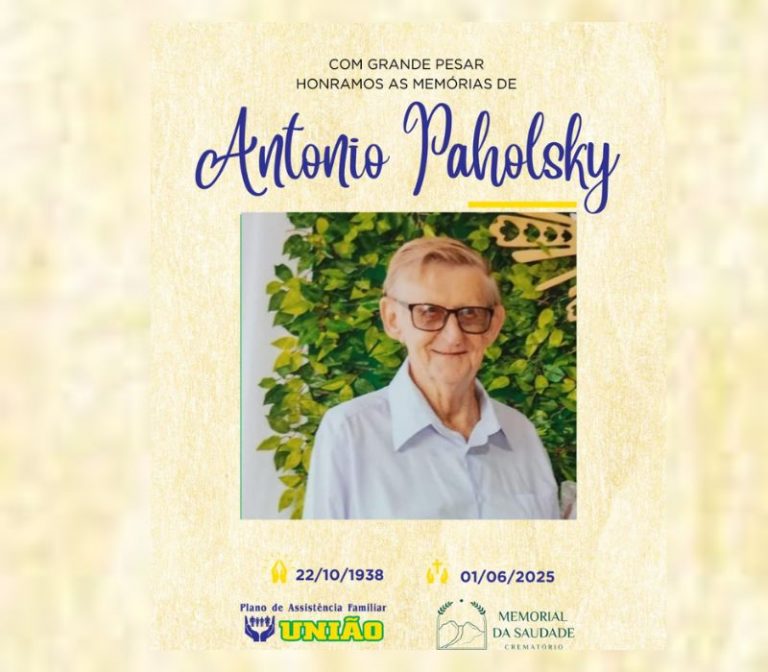 PLANO UNIÃO informa - FALECIMENTO neste domingo 01 /06 o Sr. ANTONIO PAHOLSKY com 86 anos de idade