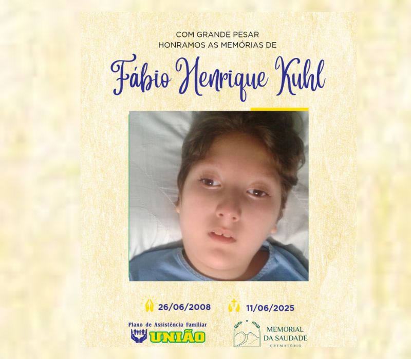 FUNERÁRIA UNIÃO e CREMATÓRIO MEMORIAL DA SAUDADE informam - FALECIMENTO nesta quarta feira 11/06 o jovem FÁBIO HENRIQUE KUHL com 16 anos de idade