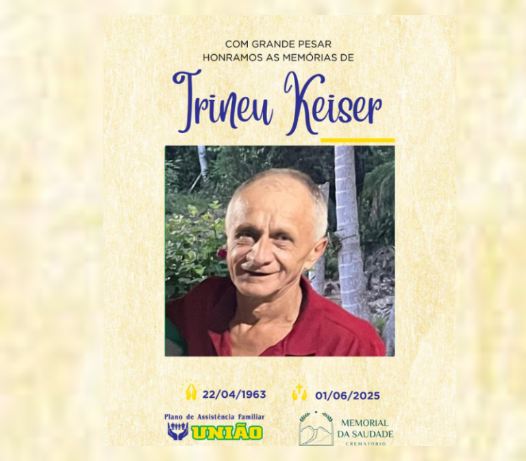PLANO UNIÃO informa - FALECIMENTO neste domingo 01/06 o Sr. IRINEU KEISER com 62 anos de idade