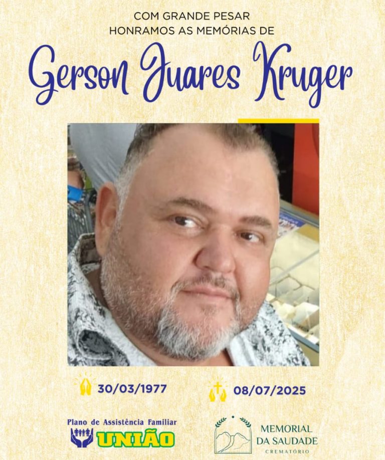 FUNERÁRIA UNIÃO informa - FALECIMENTO nesta terça-feira 08/07 em Santo Antônio do Amparo - MG, o Sr. GERSON JUARES KRUGER com 48 anos de idade.